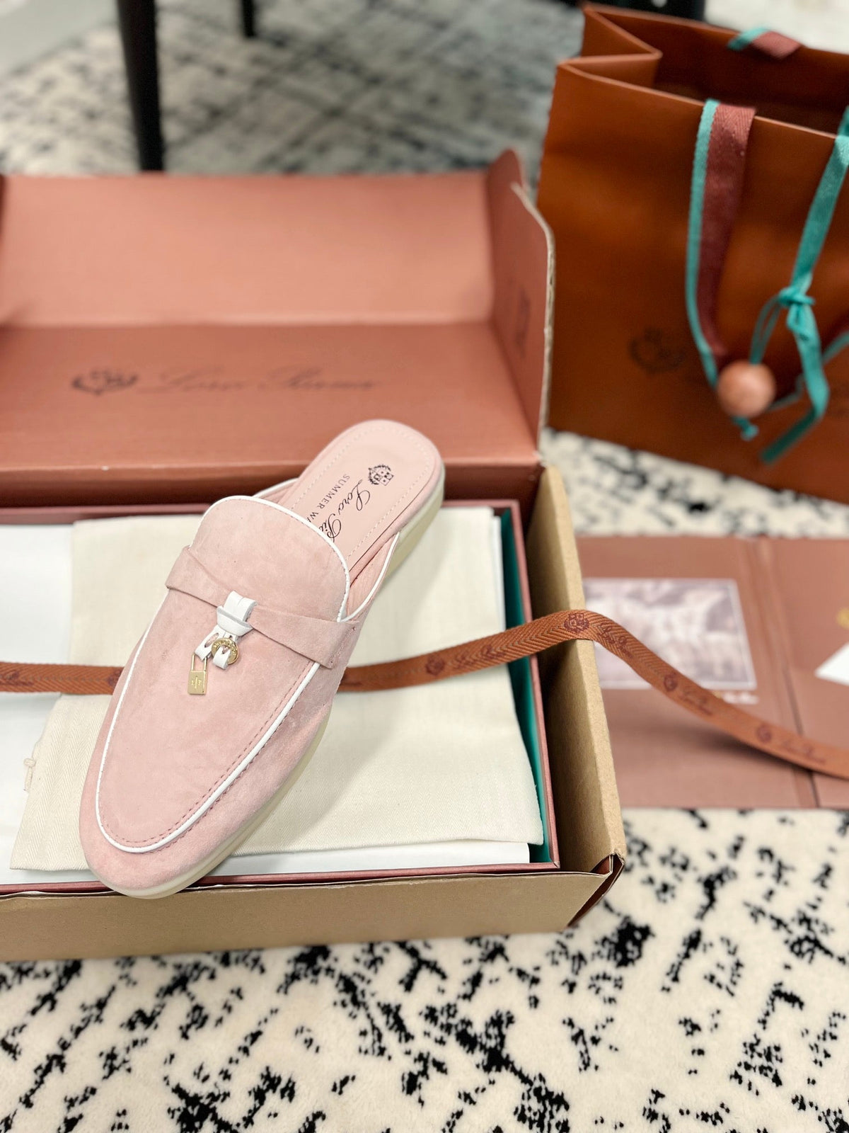 Loro Piana Light Pink White Suede Charms Walk Flat Mules