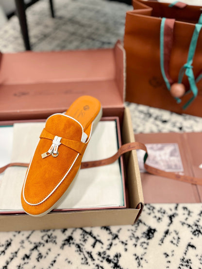 Loro Piana Carrot White Suede Charms Walk Flat Mules