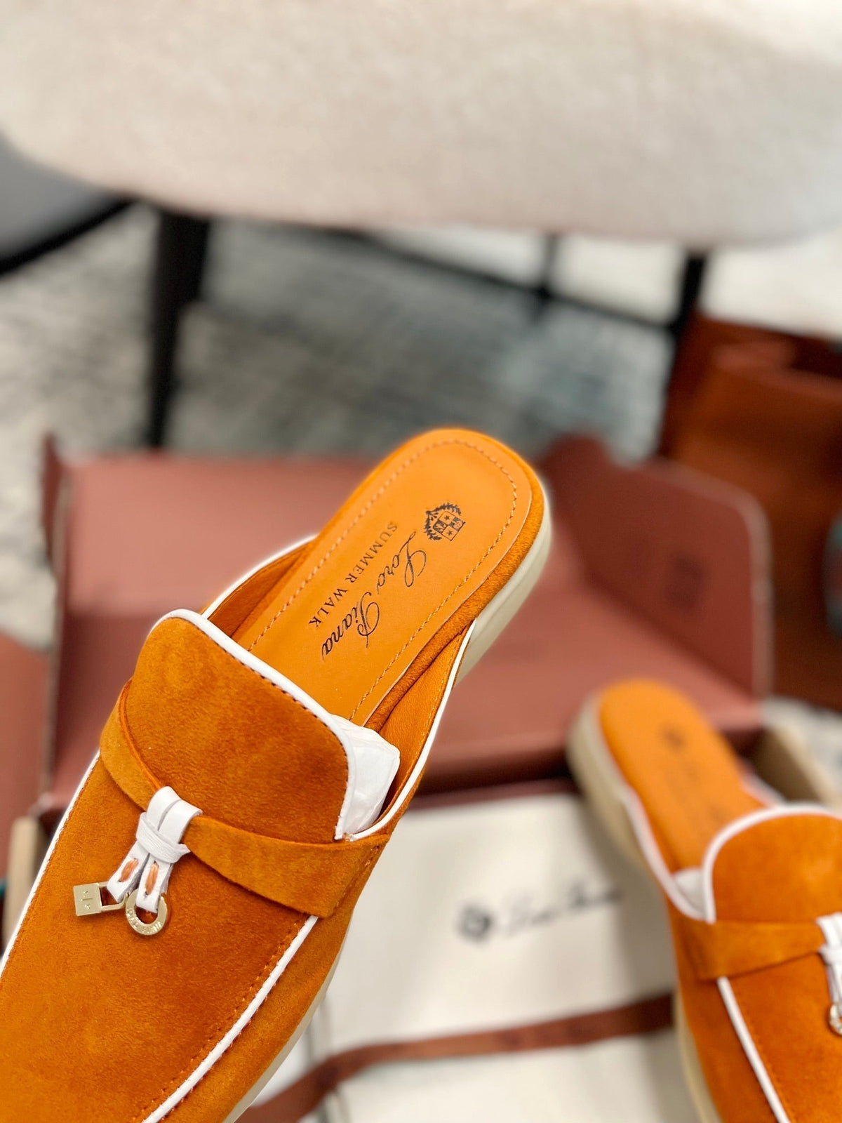 Loro Piana Carrot White Suede Charms Walk Flat Mules