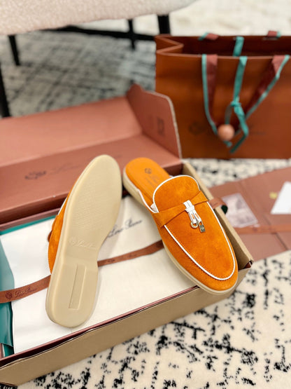 Loro Piana Carrot White Suede Charms Walk Flat Mules
