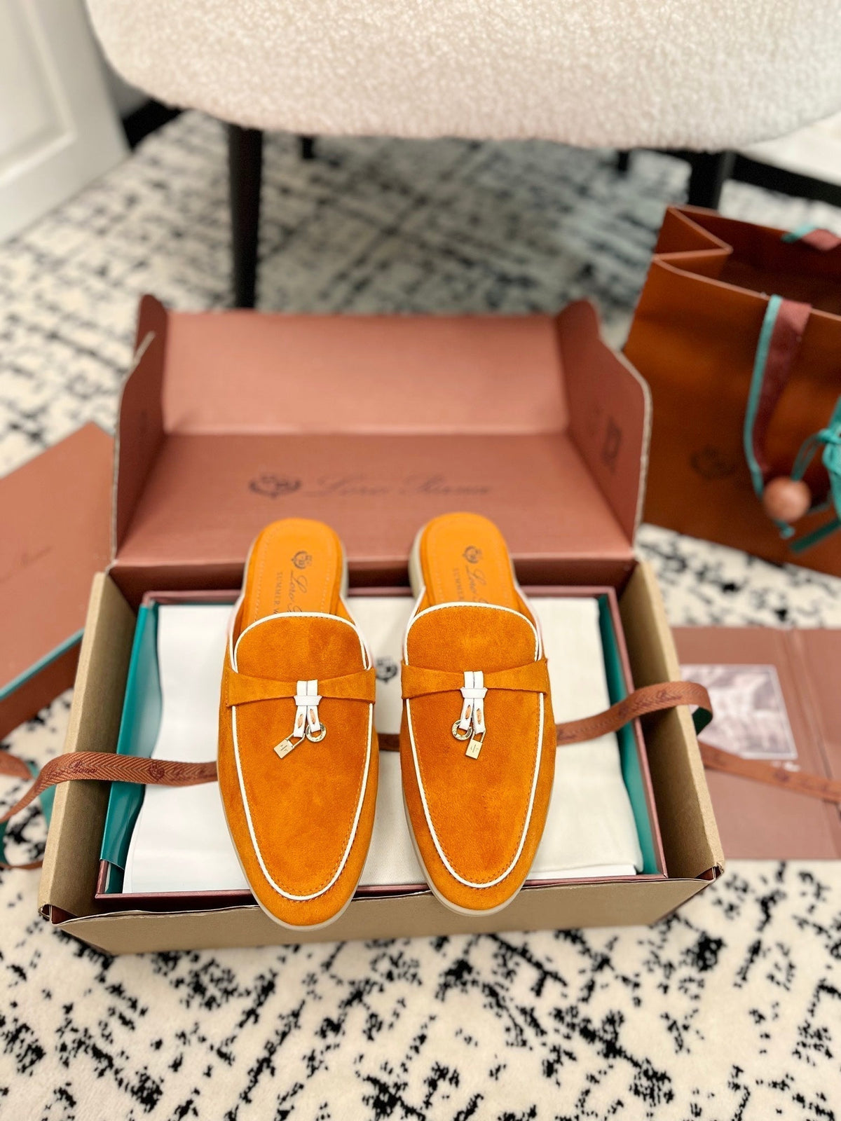 Loro Piana Carrot White Suede Charms Walk Flat Mules
