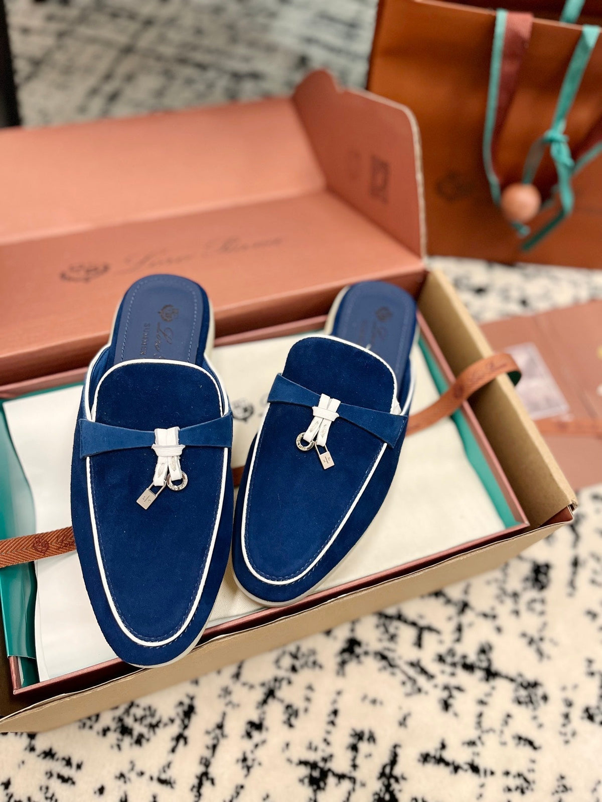 Loro Piana Dark Blue White Suede Charms Walk Flat Mules