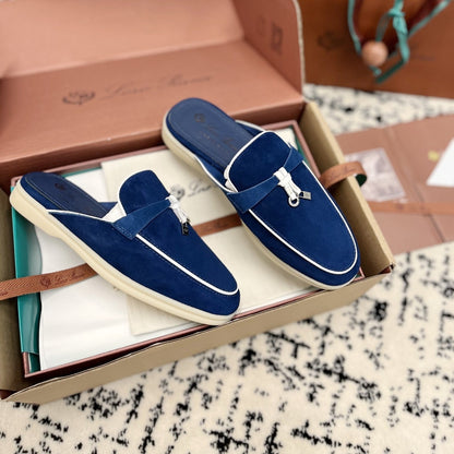 Loro Piana Dark Blue White Suede Charms Walk Flat Mules