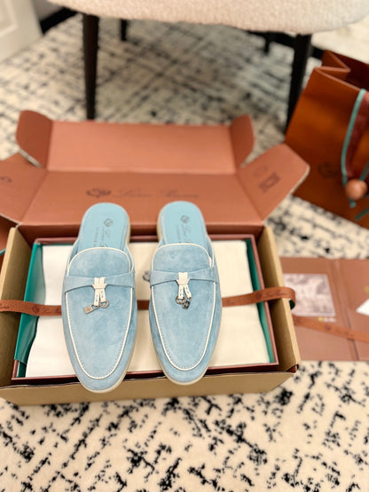 Loro Piana Blue Sky White Suede Charms Walk Flat Mules