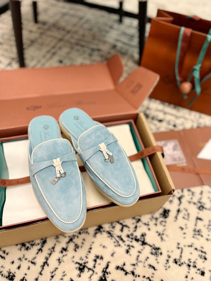 Loro Piana Blue Sky White Suede Charms Walk Flat Mules