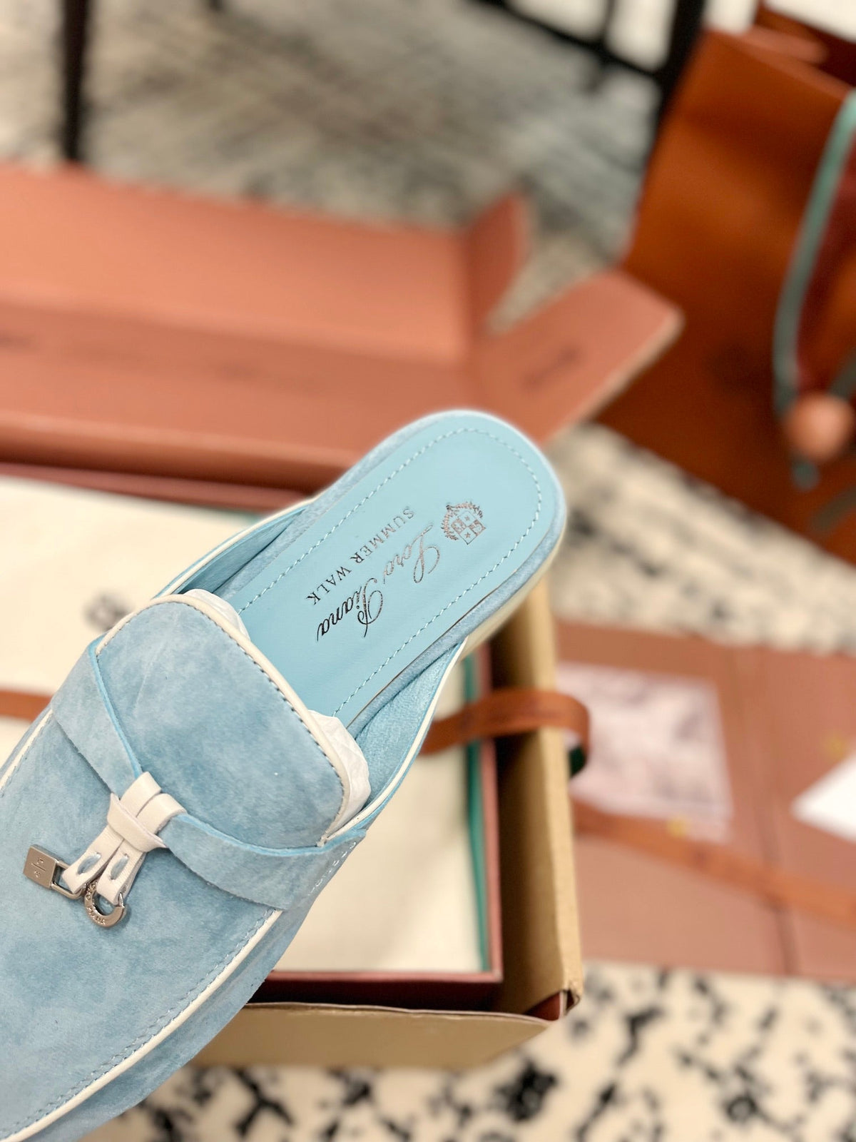Loro Piana Blue Sky White Suede Charms Walk Flat Mules