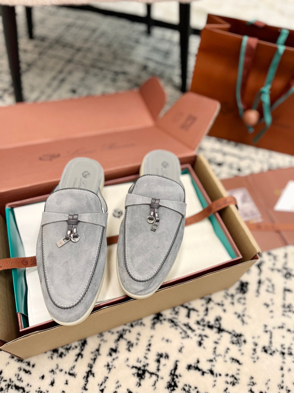 Loro Piana Grey Black Suede Charms Walk Flat Mules