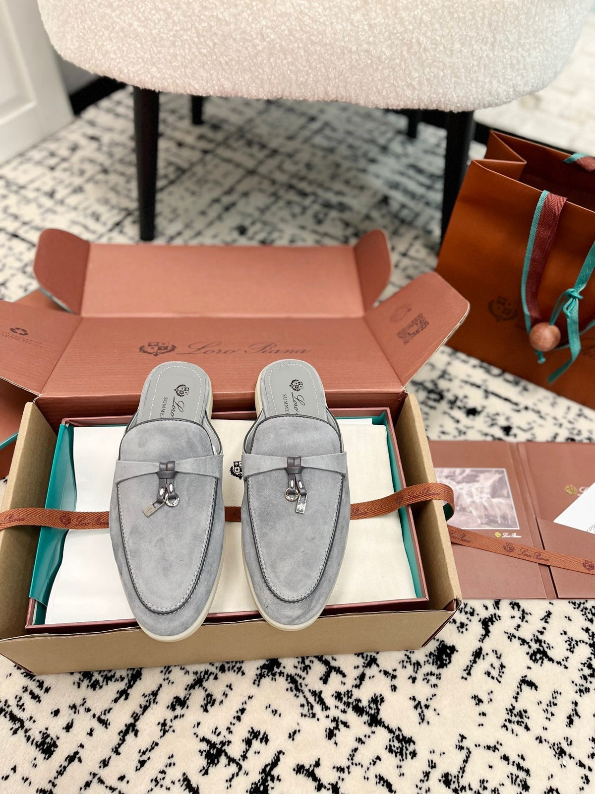 Loro Piana Grey Black Suede Charms Walk Flat Mules