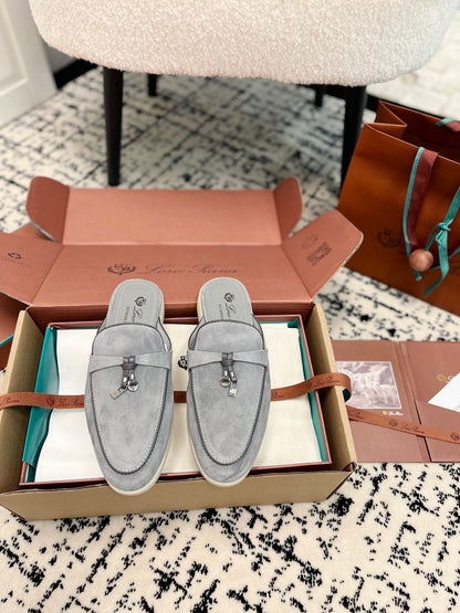 Loro Piana Grey Black Suede Charms Walk Flat Mules