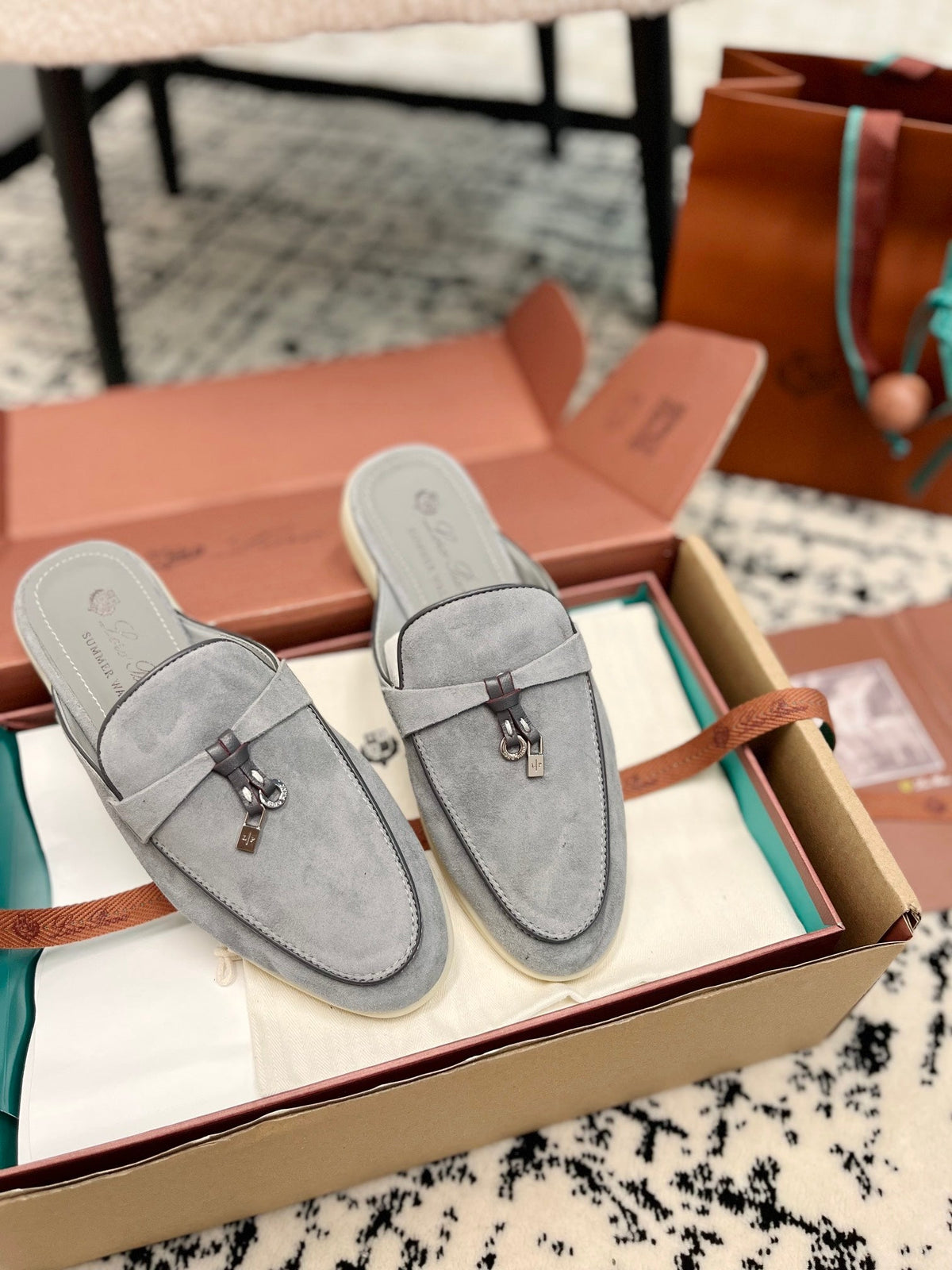 Loro Piana Grey Black Suede Charms Walk Flat Mules