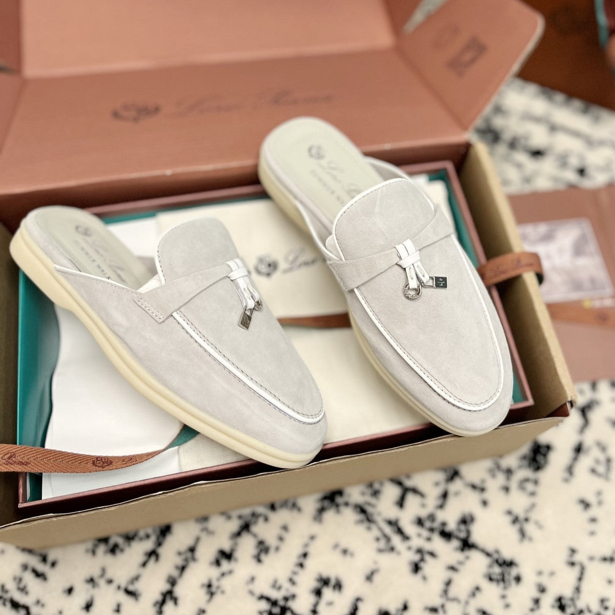 Loro Piana Grey White Suede Charms Walk Flat Mules