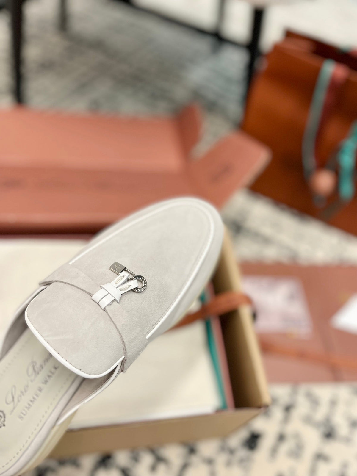Loro Piana Grey White Suede Charms Walk Flat Mules