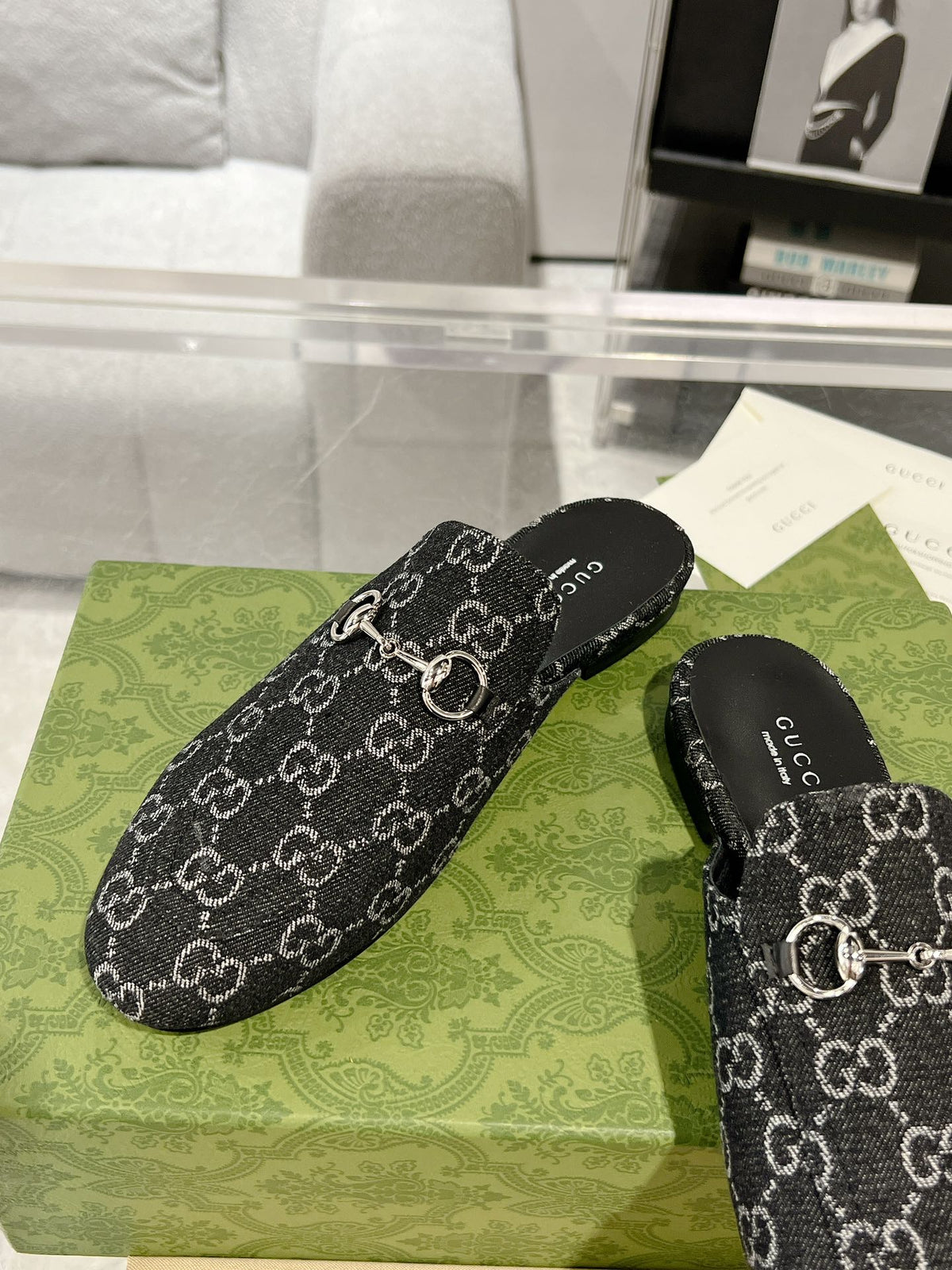 MEN'S MULE WITH HORSEBIT IN BLACK MONOGRAM JACQUARD FABRIC