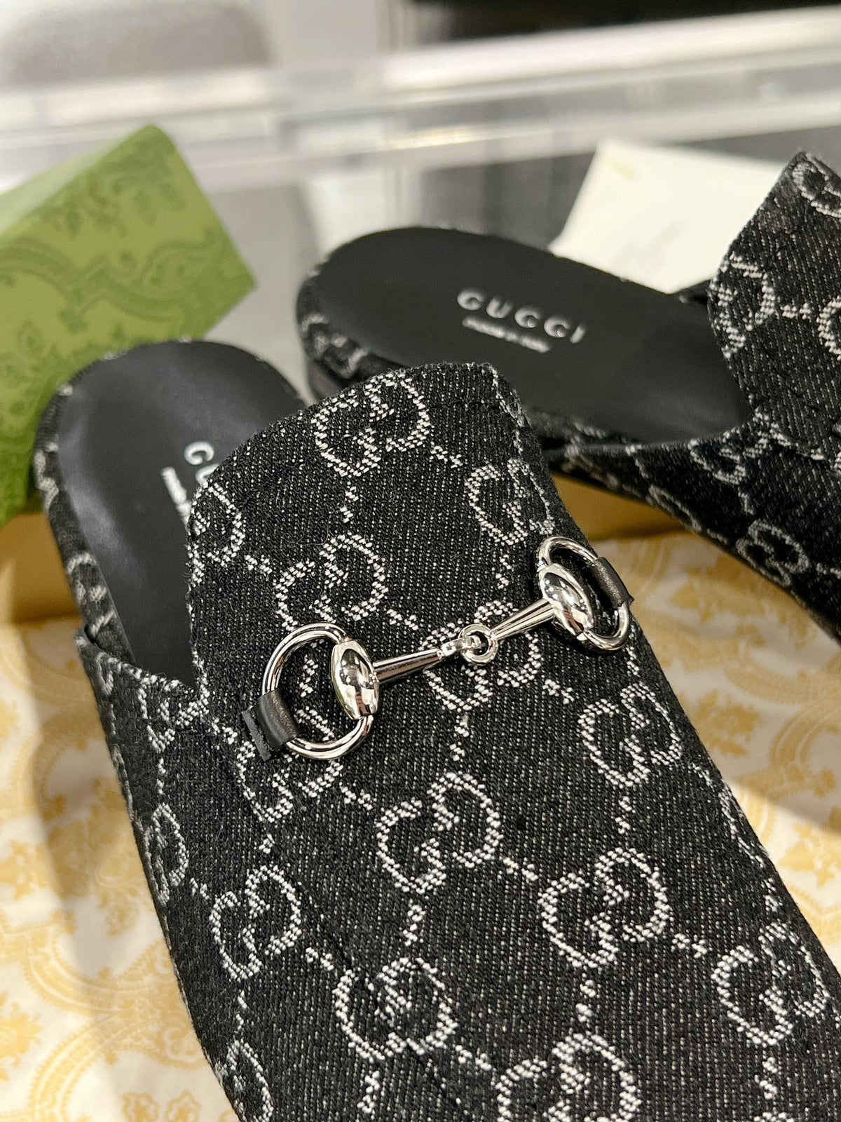 MEN'S MULE WITH HORSEBIT IN BLACK MONOGRAM JACQUARD FABRIC