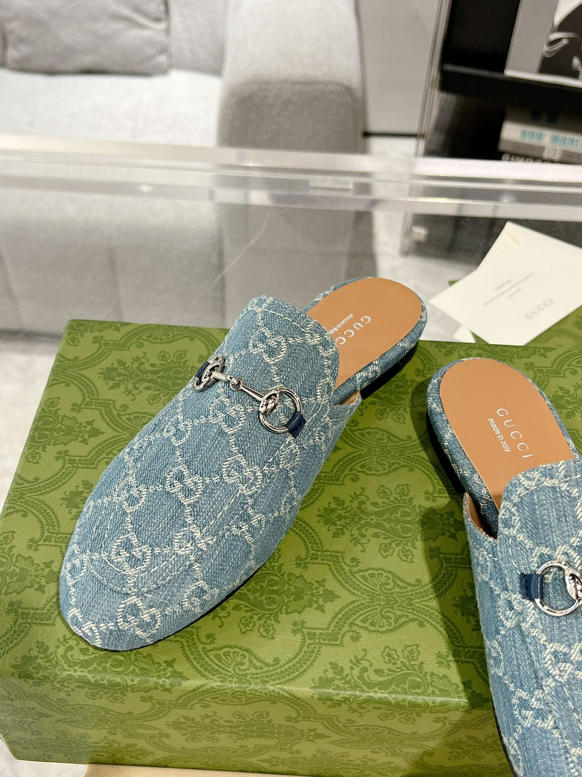 MEN'S MULE WITH HORSEBIT IN SAPHIRE BLUE MONOGRAM JACQUARD FABRIC