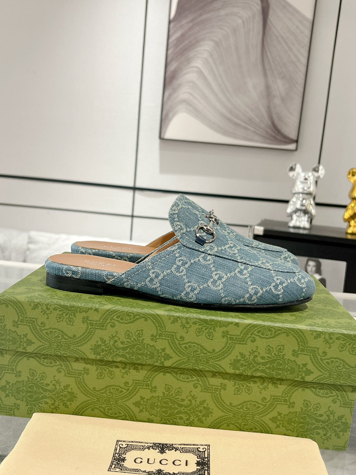 MEN'S MULE WITH HORSEBIT IN SAPHIRE BLUE MONOGRAM JACQUARD FABRIC