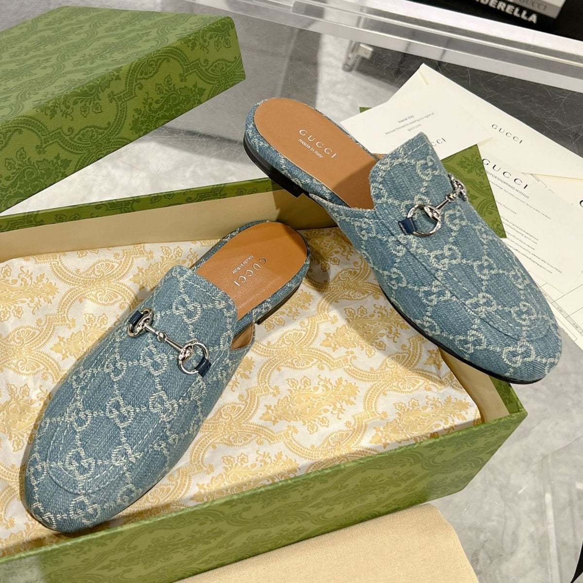MEN'S MULE WITH HORSEBIT IN SAPHIRE BLUE MONOGRAM JACQUARD FABRIC