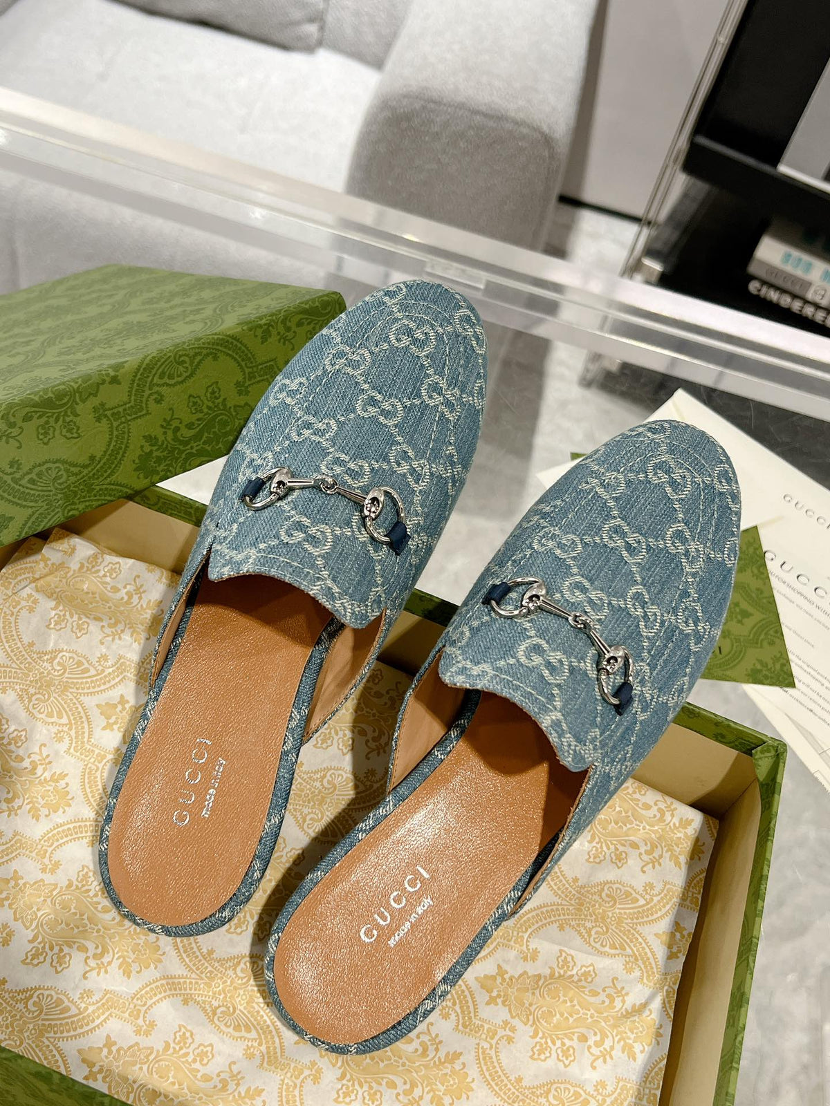 MEN'S MULE WITH HORSEBIT IN SAPHIRE BLUE MONOGRAM JACQUARD FABRIC