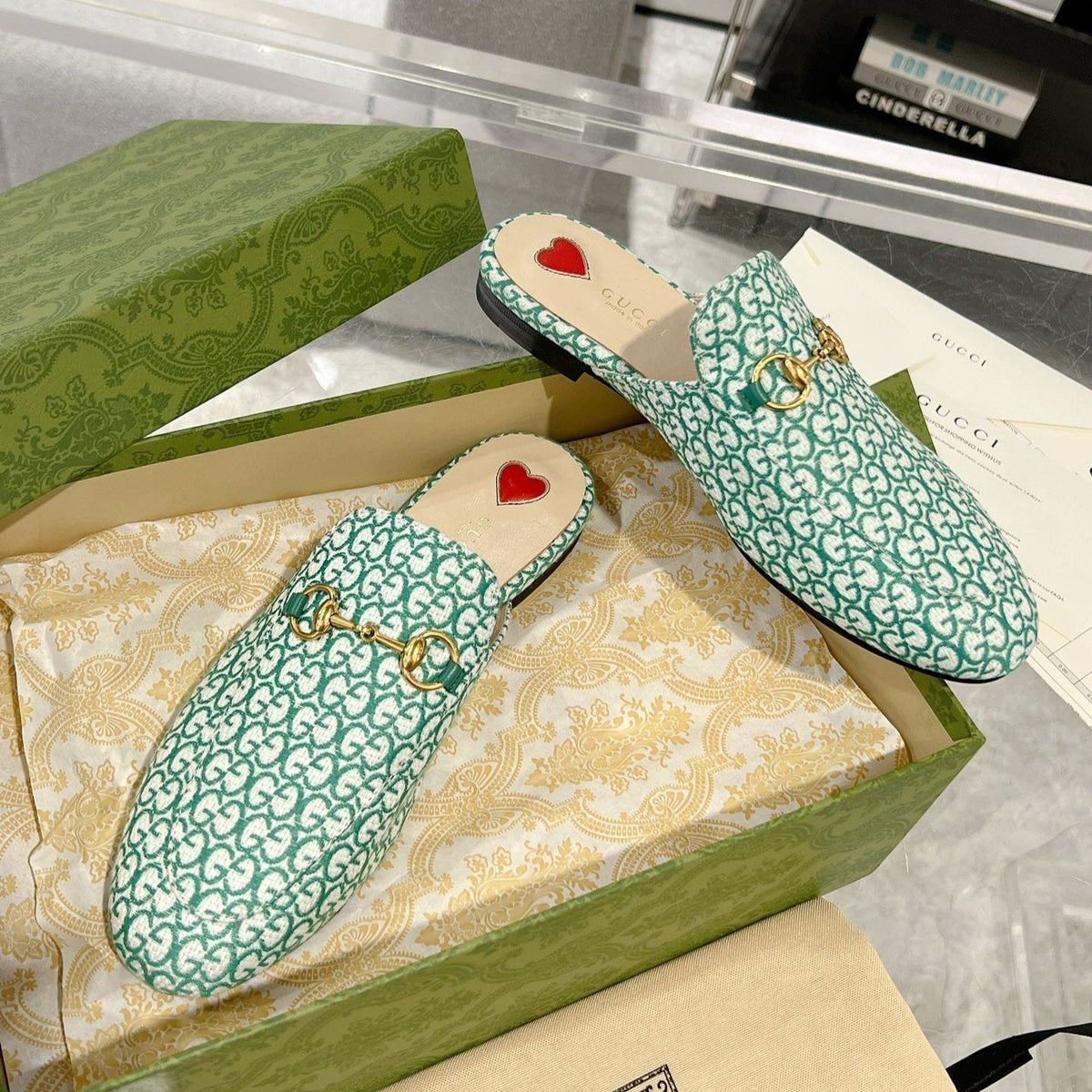 MEN'S MULE WITH HORSEBIT IN MINT GREEN MONOGRAM JACQUARD FABRIC