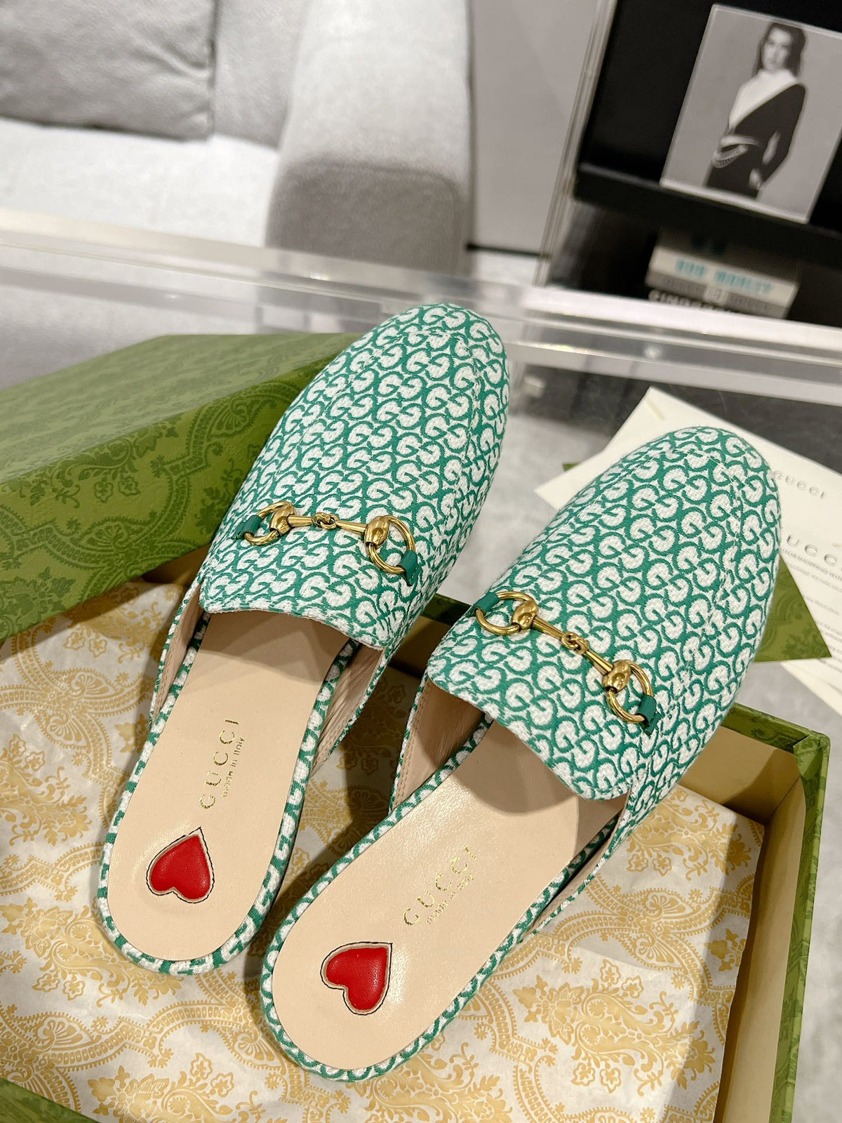 MEN'S MULE WITH HORSEBIT IN MINT GREEN MONOGRAM JACQUARD FABRIC