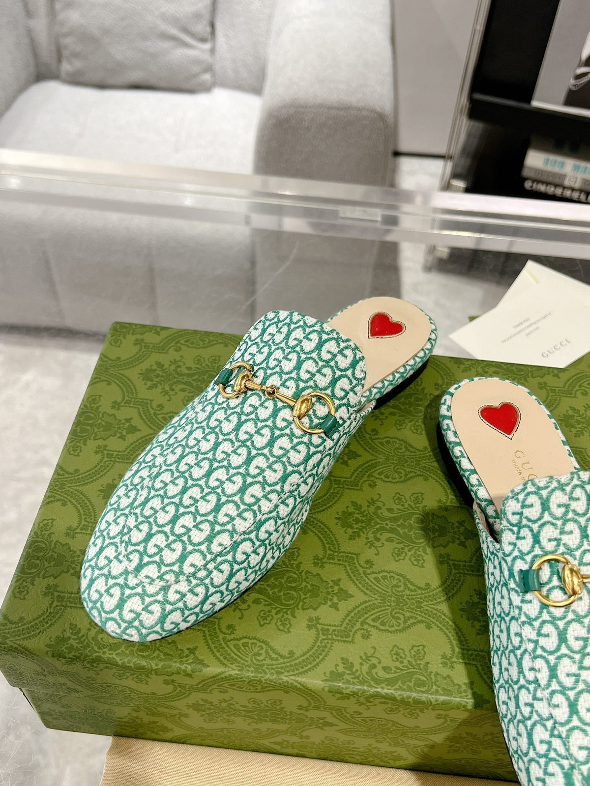 MEN'S MULE WITH HORSEBIT IN MINT GREEN MONOGRAM JACQUARD FABRIC