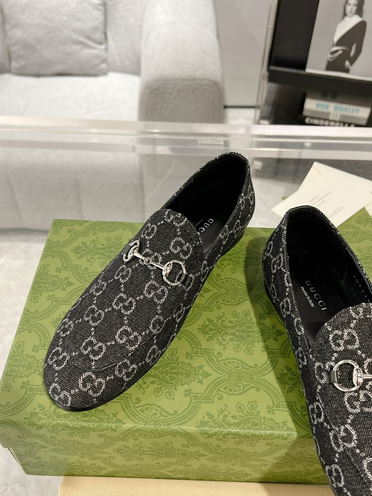 MEN'S LOAFER WITH HORSEBIT IN BLACK MONOGRAM JACQUARD FABRIC