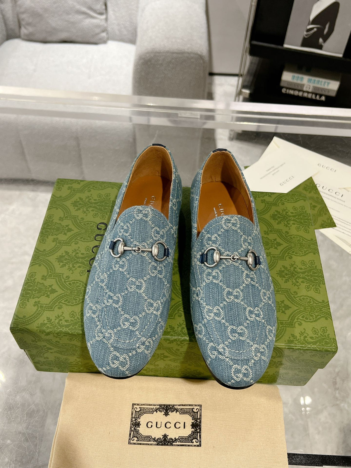 MEN'S LOAFER WITH HORSEBIT IN SAPHIRE BLUE MONOGRAM JACQUARD FABRIC