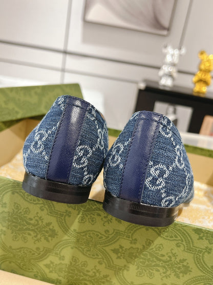 MEN'S LOAFER WITH HORSEBIT IN DENIM BLUE MONOGRAM JACQUARD FABRIC
