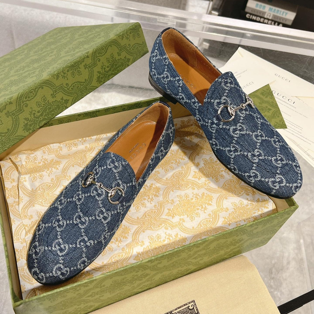 MEN'S LOAFER WITH HORSEBIT IN DENIM BLUE MONOGRAM JACQUARD FABRIC
