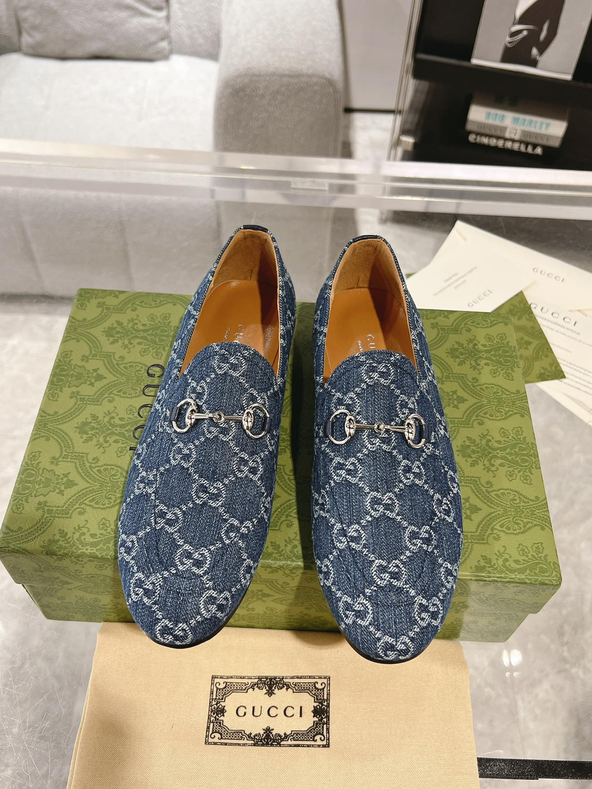 MEN'S LOAFER WITH HORSEBIT IN DENIM BLUE MONOGRAM JACQUARD FABRIC