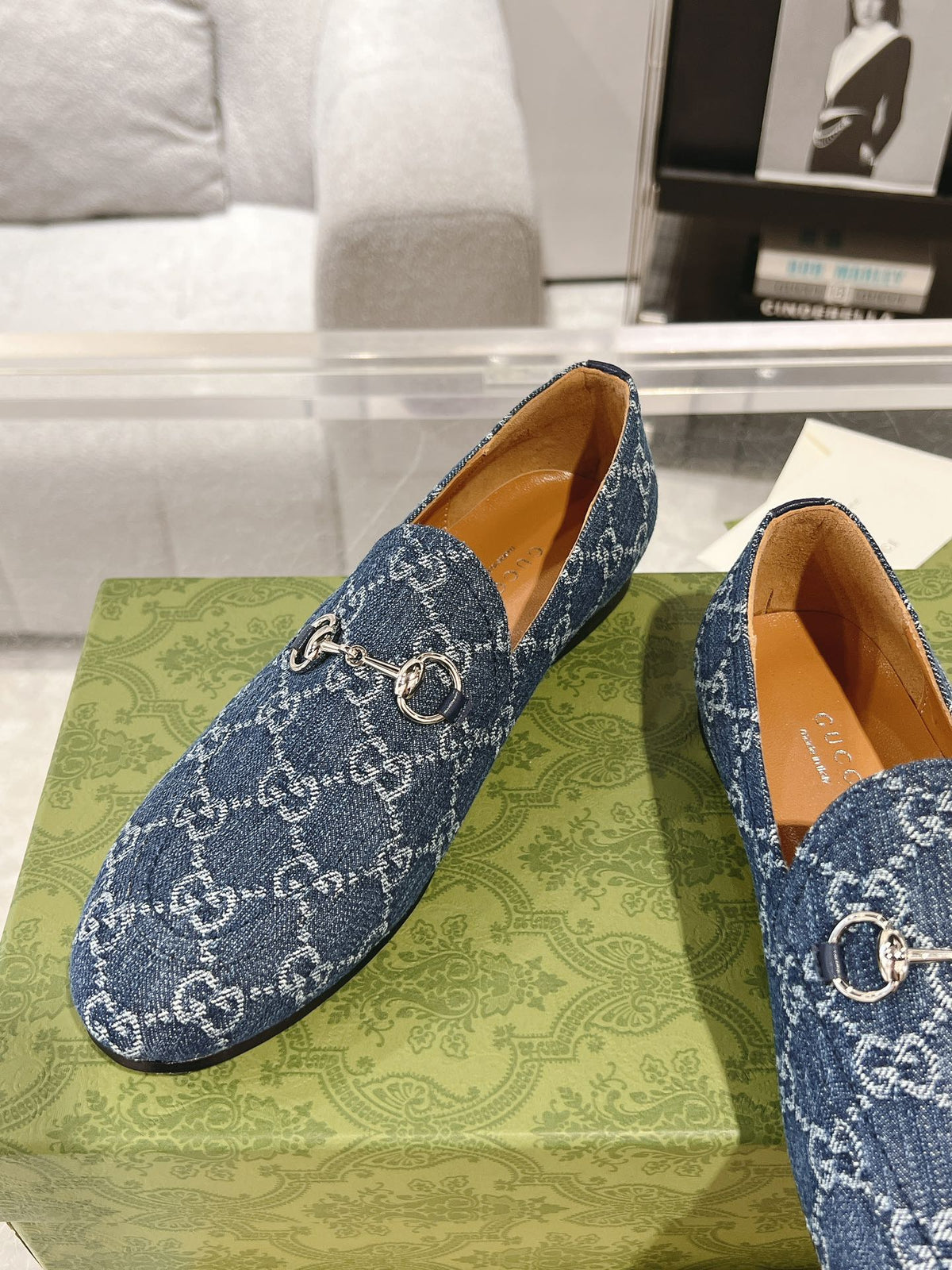 MEN'S LOAFER WITH HORSEBIT IN DENIM BLUE MONOGRAM JACQUARD FABRIC