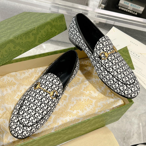 MEN'S LOAFER WITH HORSEBIT IN BLACK MIX WHITE MONOGRAM JACQUARD FABRIC
