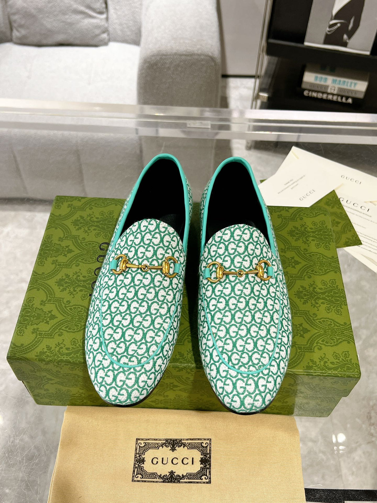 MEN'S LOAFER WITH HORSEBIT IN MINT GREEN MONOGRAM JACQUARD FABRIC
