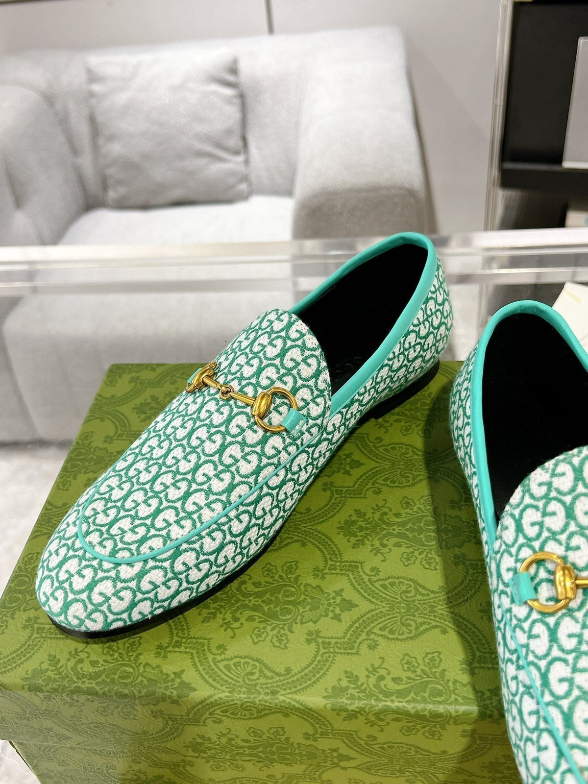 MEN'S LOAFER WITH HORSEBIT IN MINT GREEN MONOGRAM JACQUARD FABRIC