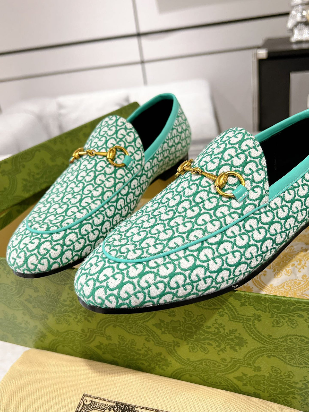 MEN'S LOAFER WITH HORSEBIT IN MINT GREEN MONOGRAM JACQUARD FABRIC