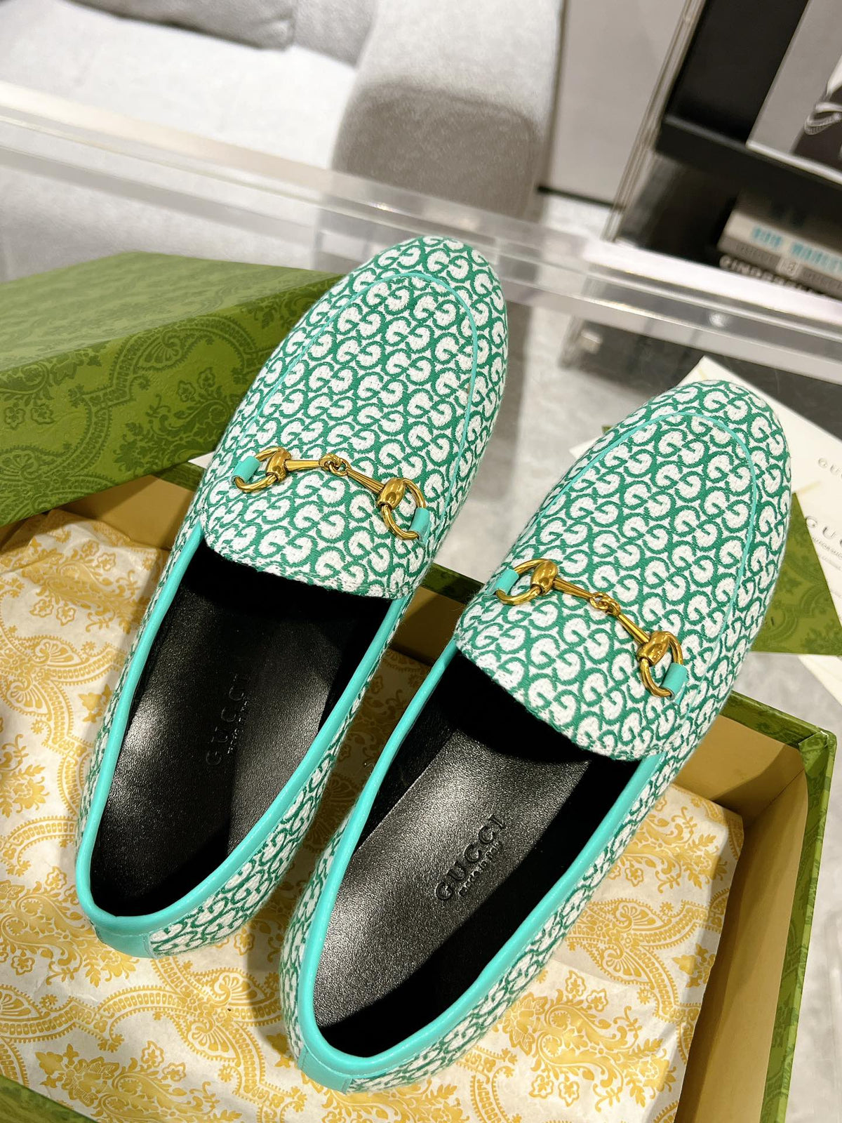 MEN'S LOAFER WITH HORSEBIT IN MINT GREEN MONOGRAM JACQUARD FABRIC