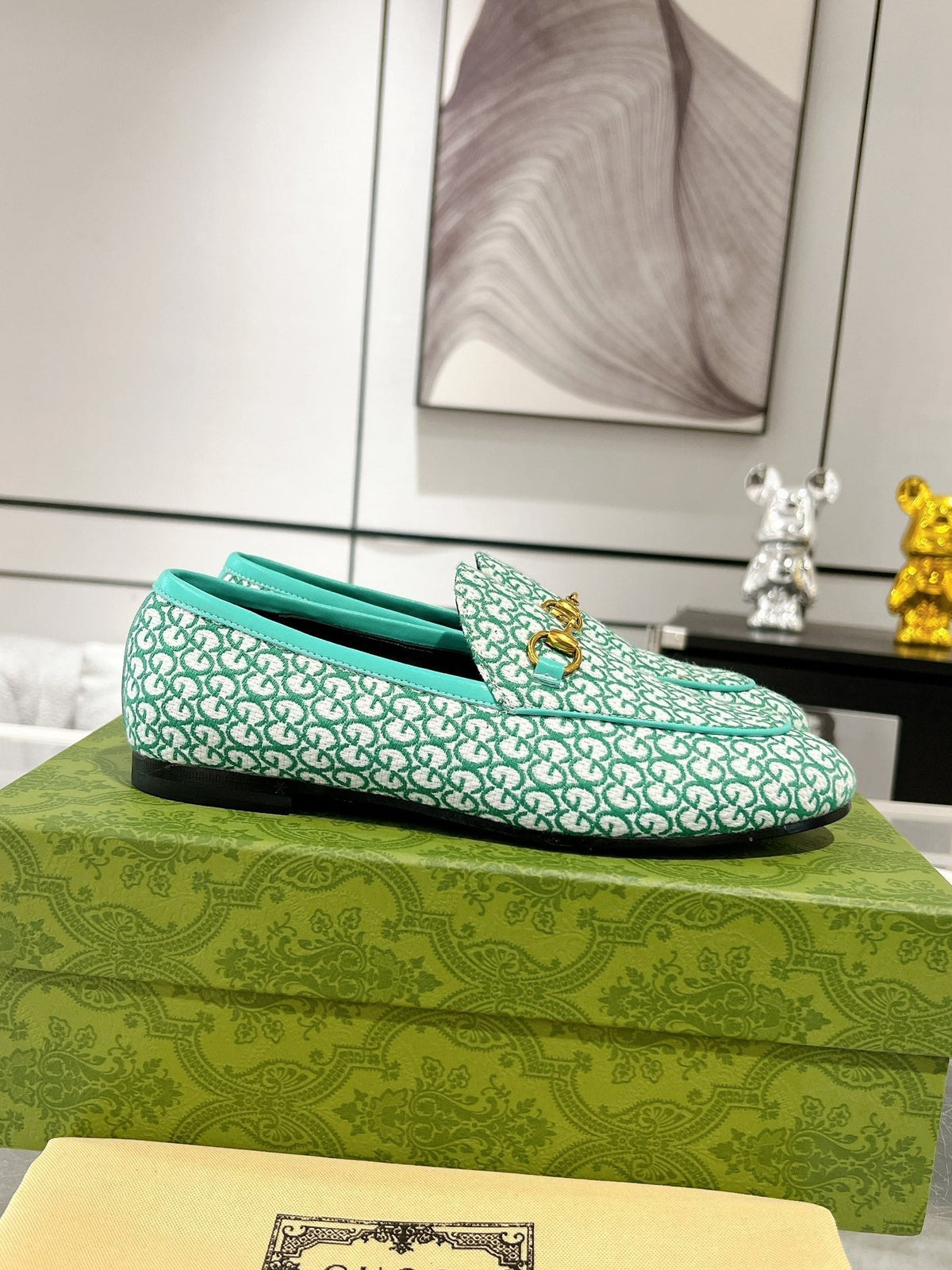 MEN'S LOAFER WITH HORSEBIT IN MINT GREEN MONOGRAM JACQUARD FABRIC
