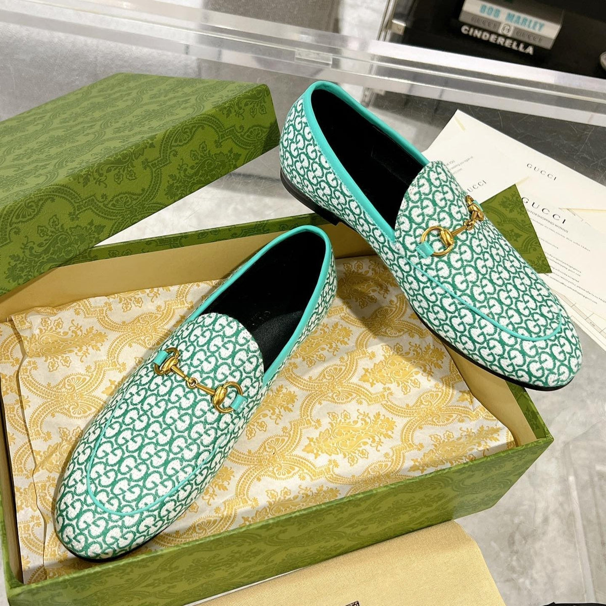 MEN'S LOAFER WITH HORSEBIT IN MINT GREEN MONOGRAM JACQUARD FABRIC