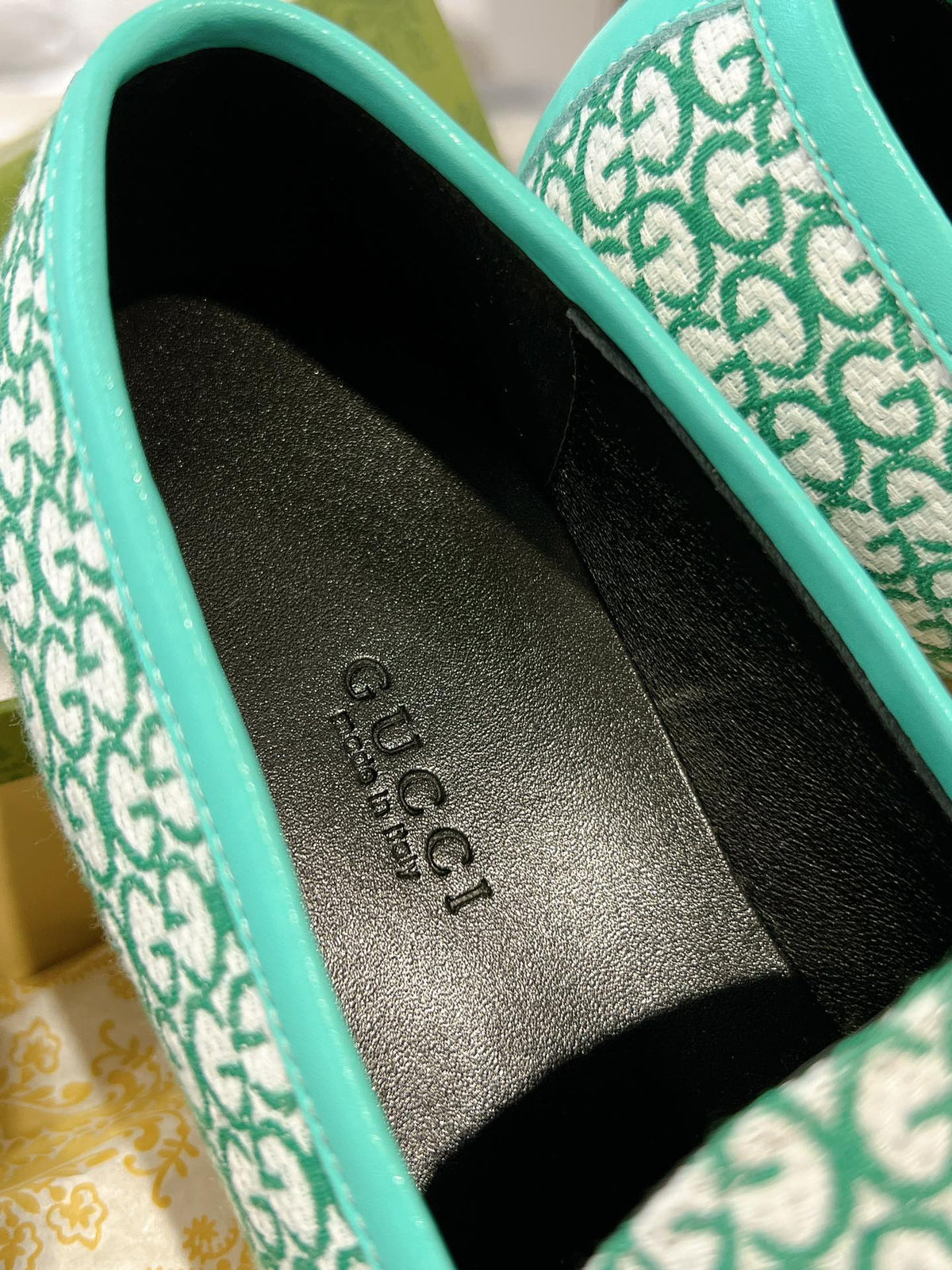 MEN'S LOAFER WITH HORSEBIT IN MINT GREEN MONOGRAM JACQUARD FABRIC