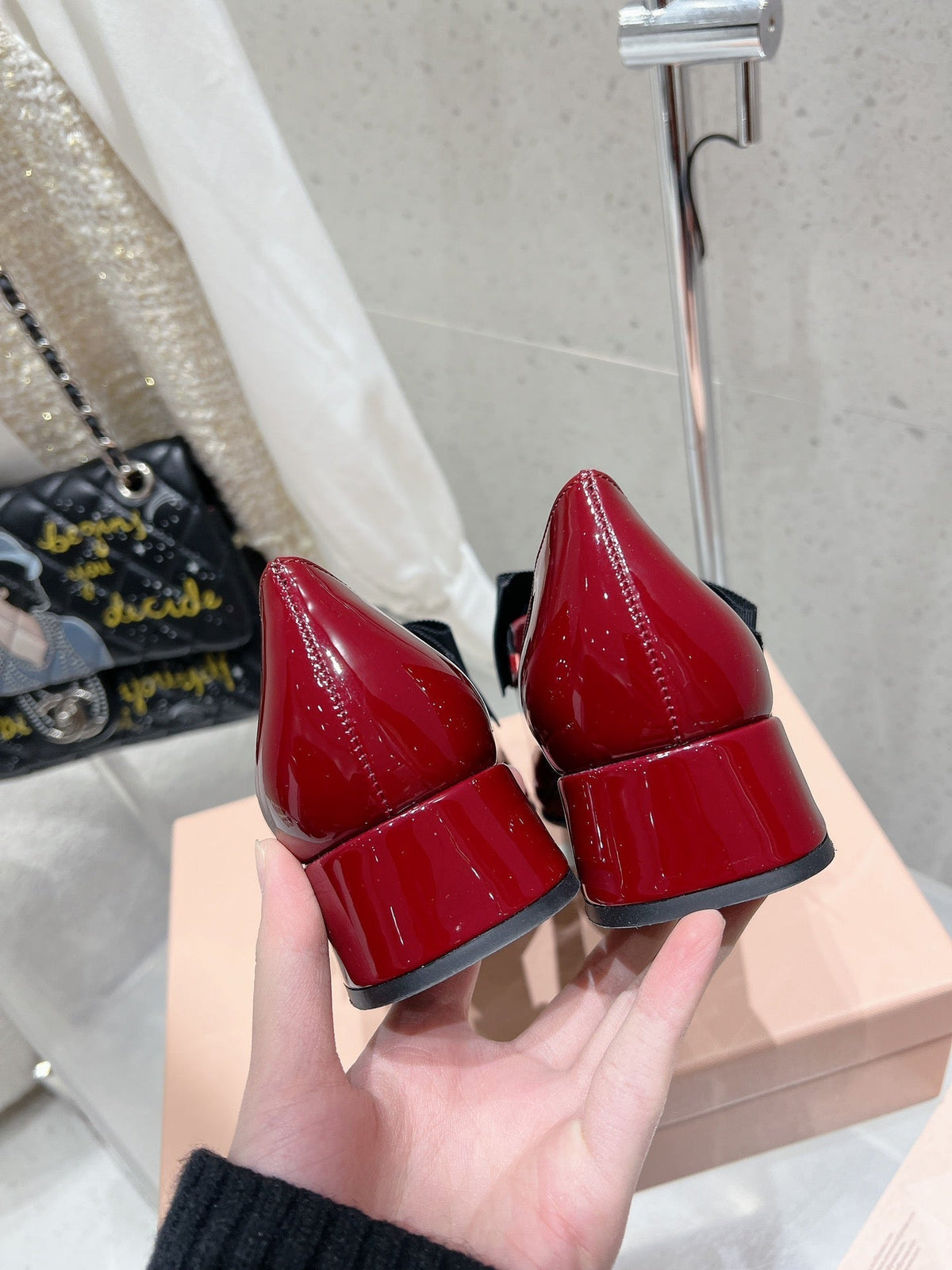 MARY JANE MID HEEL PUMPS IN RUBY RED PATENT LAMBSKIN WITH BOW