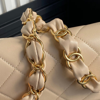 MEDIUM FLAP BAG 26 IN AKAROA BEIGE CALFSKIN GOLD DOUBLE C THICK CHAIN