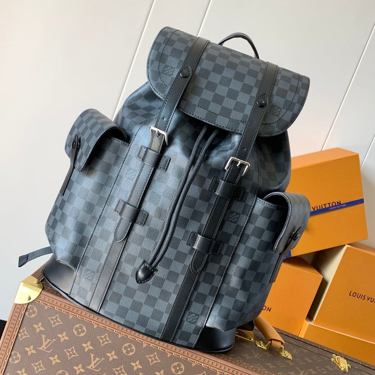 CHRISTOPHER MM BACKPACK 47 IN BLACK DAMIER GRAPHITE CANVAS