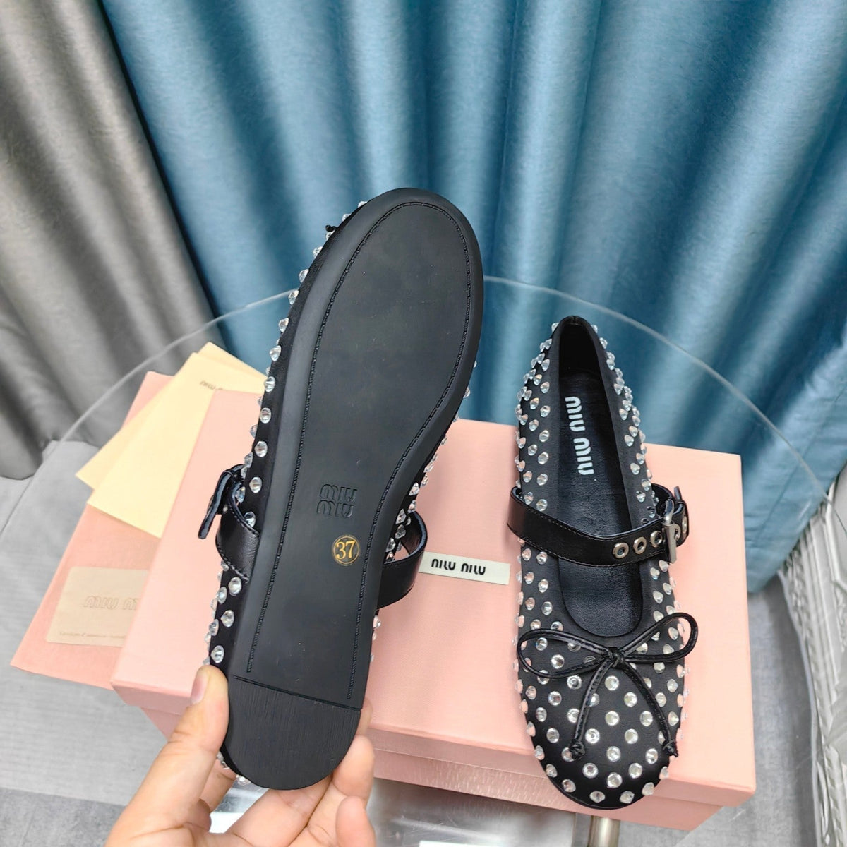MARY JANE SHOES BLACK COWHIDE WITH DIAMOND