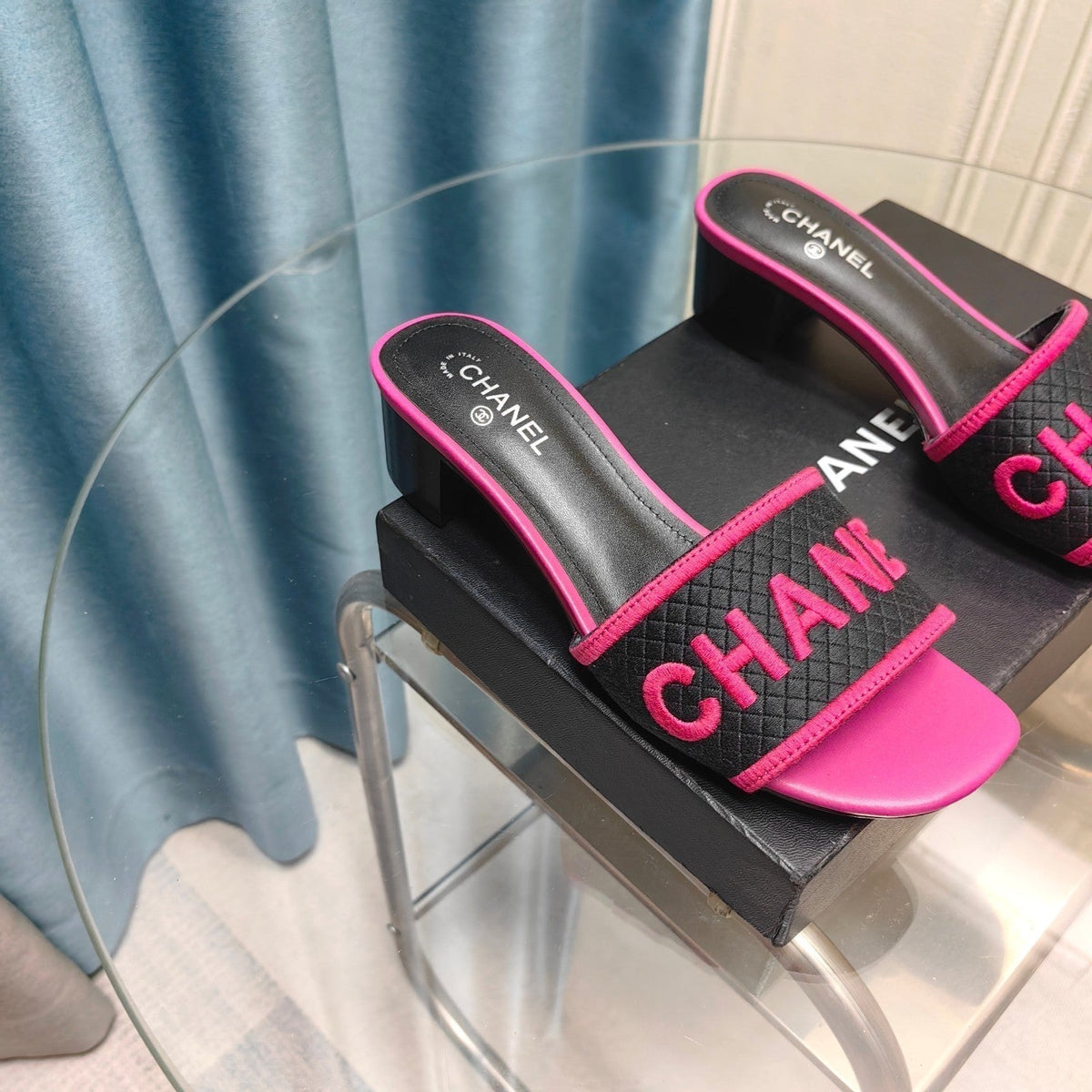 MULE SANDAL 45 BLACK PINK FABRIC EMBROIDERY