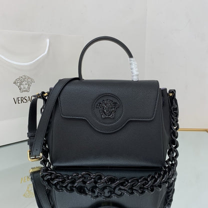 Versace La Medusa medium top handle bag in black grained leather