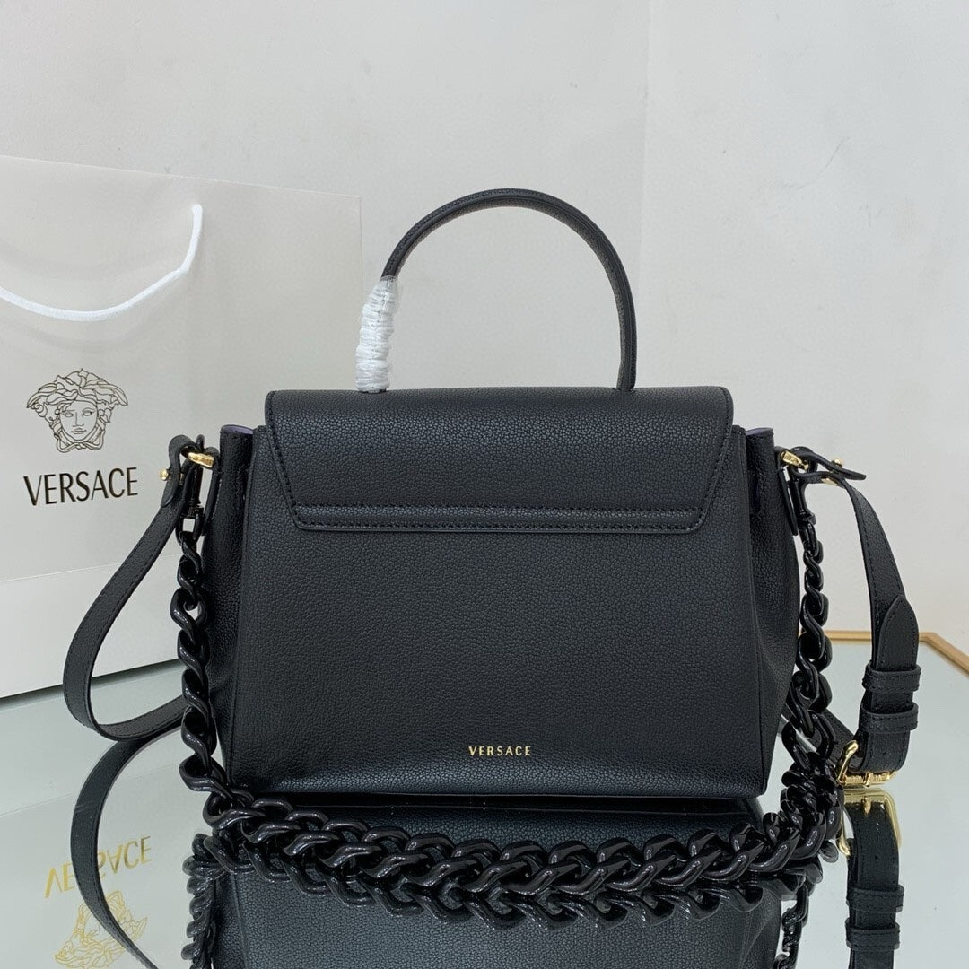Versace La Medusa medium top handle bag in black grained leather