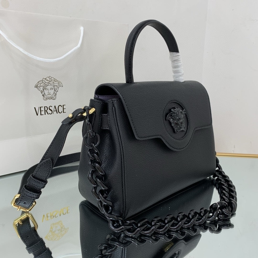 Versace La Medusa medium top handle bag in black grained leather