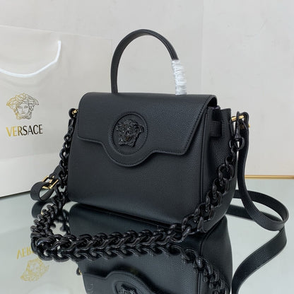 Versace La Medusa medium top handle bag in black grained leather