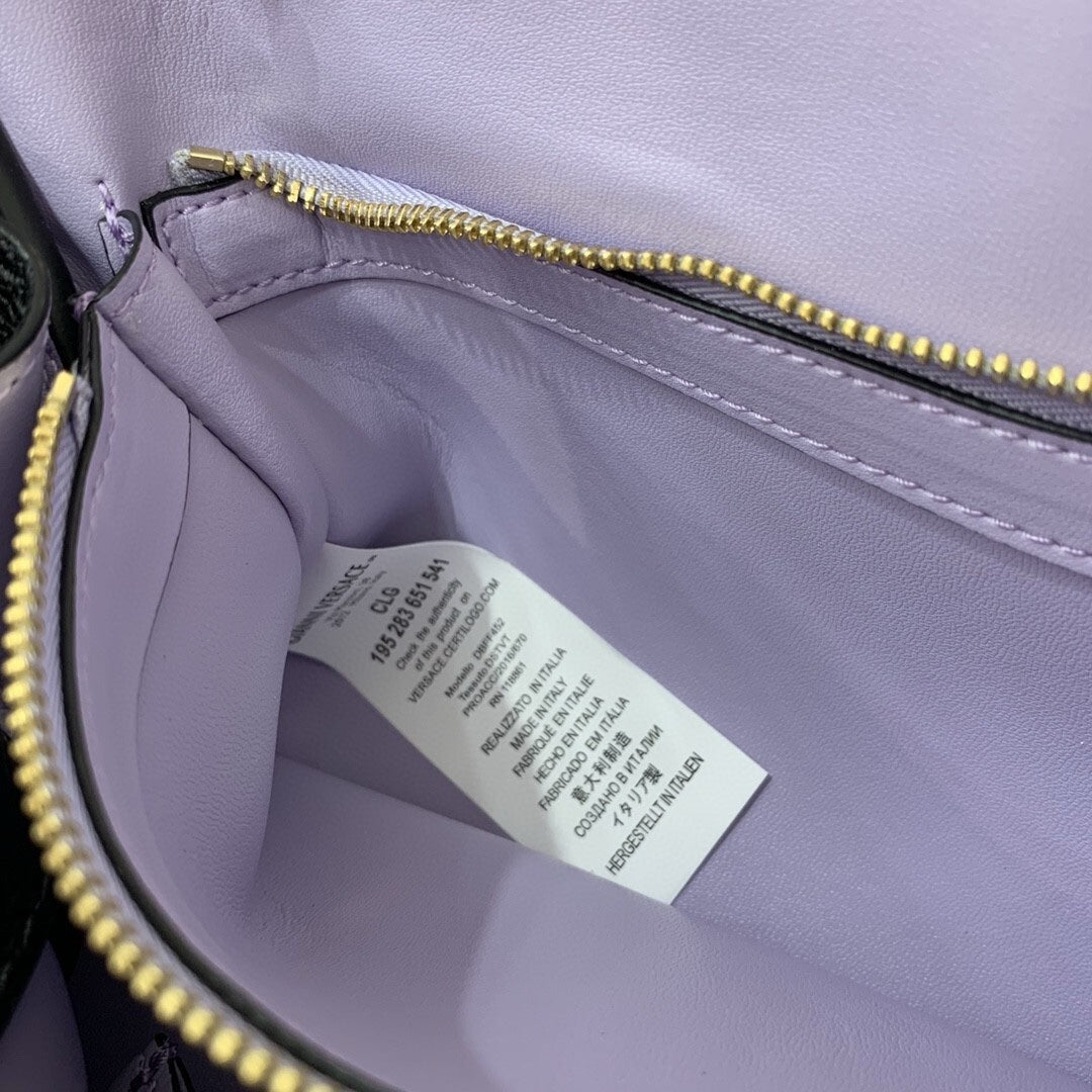 Versace La Medusa medium top handle bag in black grained leather