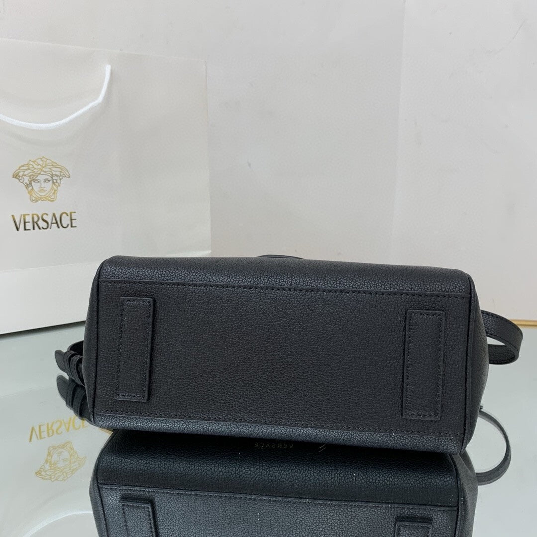 Versace La Medusa medium top handle bag in black grained leather